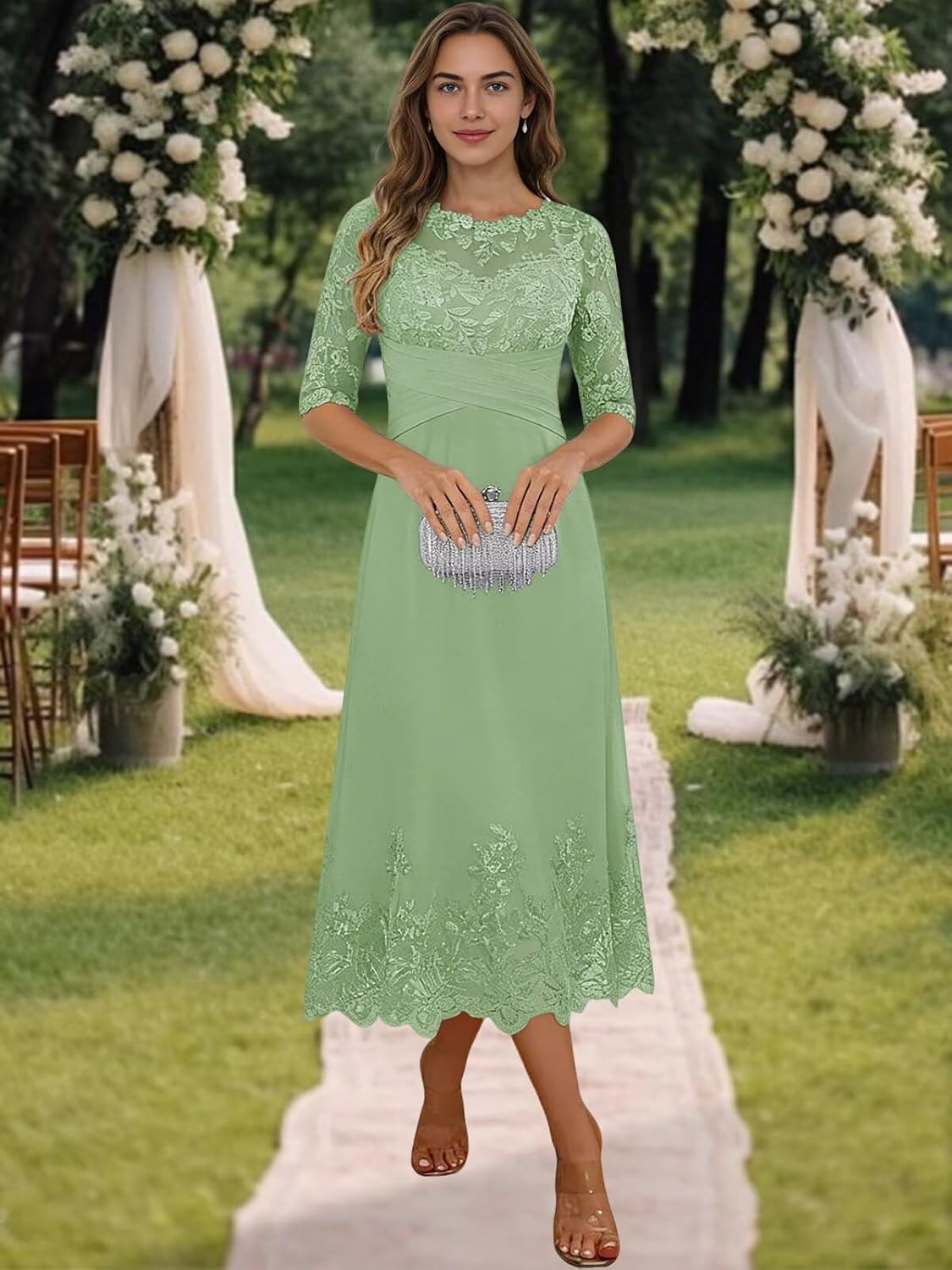 Tea Length Mother of The Bride Dresses Chiffon Evening Formal Dress for Wedding Groom Gowns Lace Appliques with Sleeves - Image 5