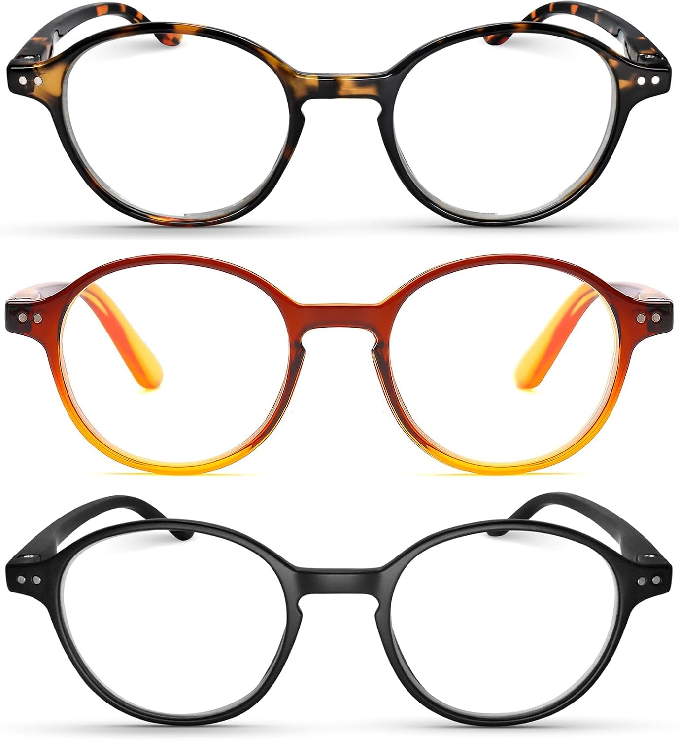 2SeeLife 3-Pack Small Round Reading Glasses for Men & Women – Narrow-Medium Fit, Sturdy Frame, Spring Hinges, Premium Retro Readers, Brown Tortoise, Brown, Black, +1.00