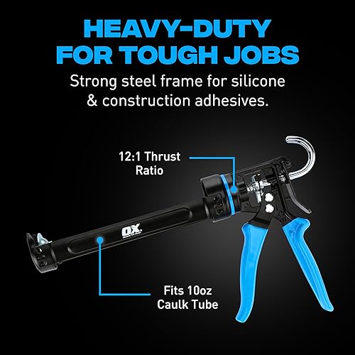 Miniatura 2 de OX Tools Pro OX-P044410 Pistola de calafateo resistente de 10 onzas, relación de empuje 12:1, pistola de calafateo de 10 onzas, dispensador