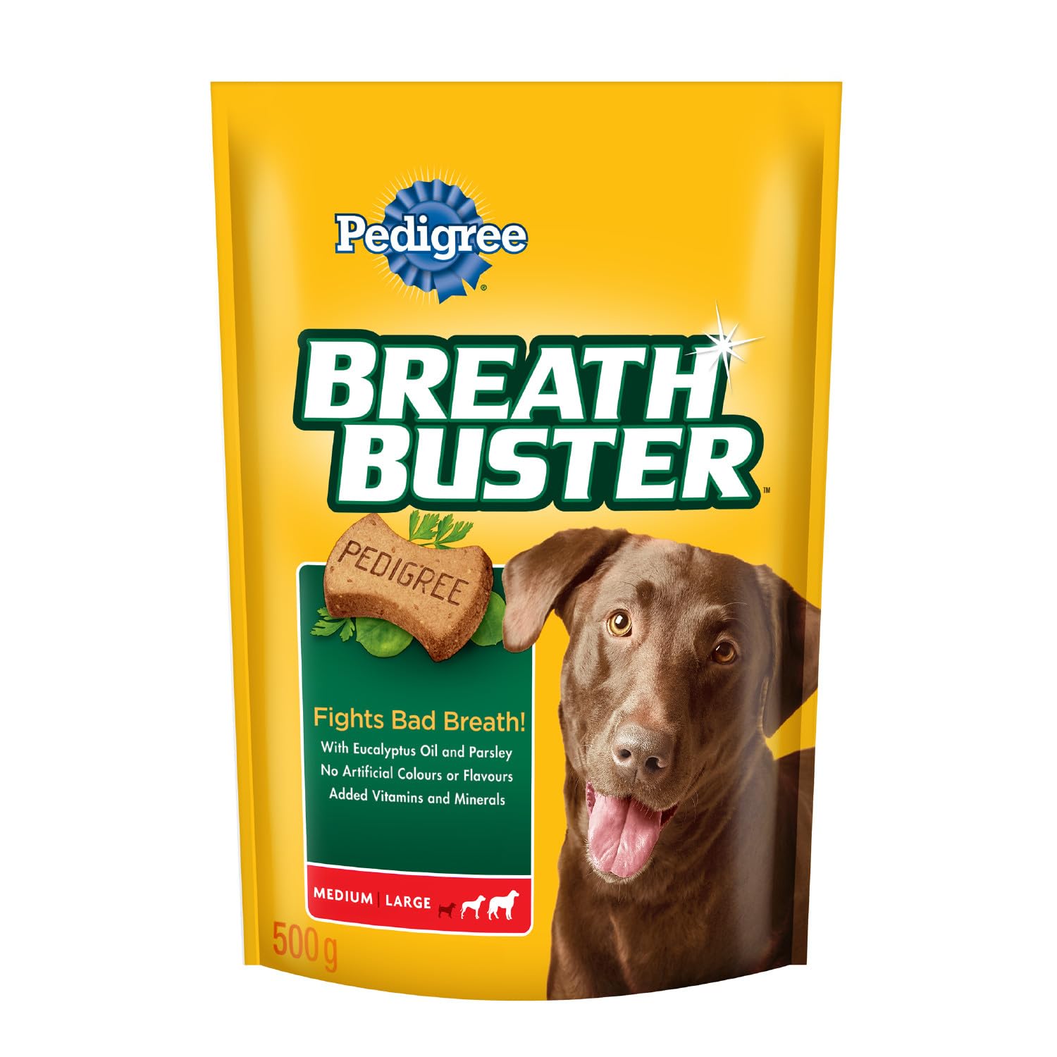 PEDIGREE Breathbuster Dog Treats, Dog Breath Freshener, Crunchy Biscuits with Eucalyptus Oil and Parsley, Medium & Large Adult Dogs, 500g Pouch image 3