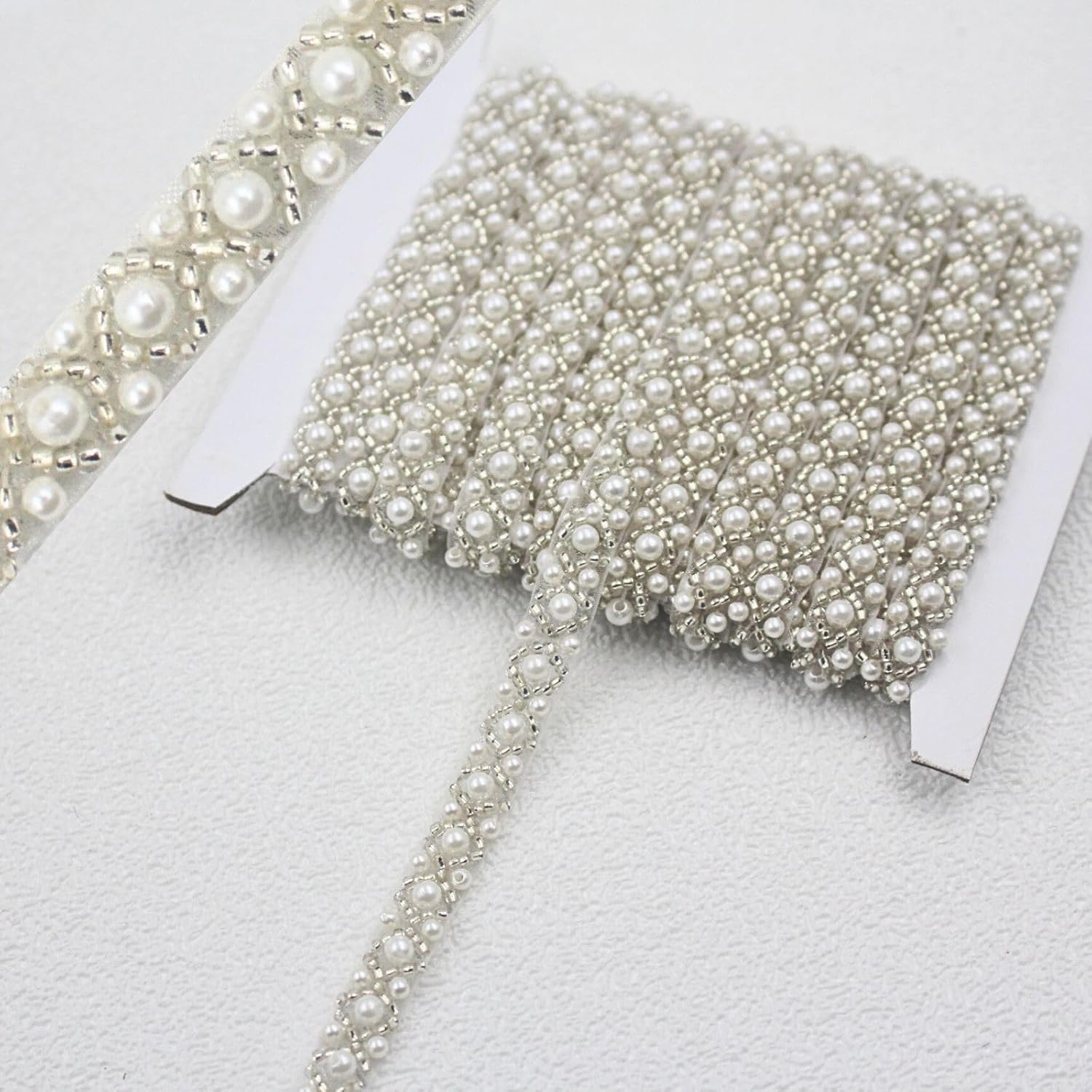 PEARLY JUN 9.5 Yards Pearl Beaded Trim Bead Lace Border White Edge Ribbon Strips for Sewing Wedding Dress Applique Bridal Straps Embellishments Decoration