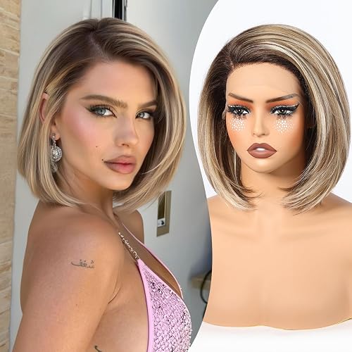 BLONDE UNICORN Ash Blonde Synthetic Lace Front Wig T Part Glueless Blonde Short 