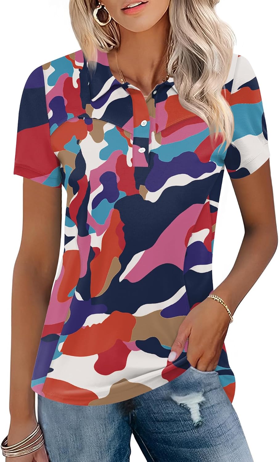 TFSDOD Womens Golf Polo Shirts Collared Short Sleeve T Shirt Lightweight Moisture Wicking Polo Casual 3 Buttons Outfits