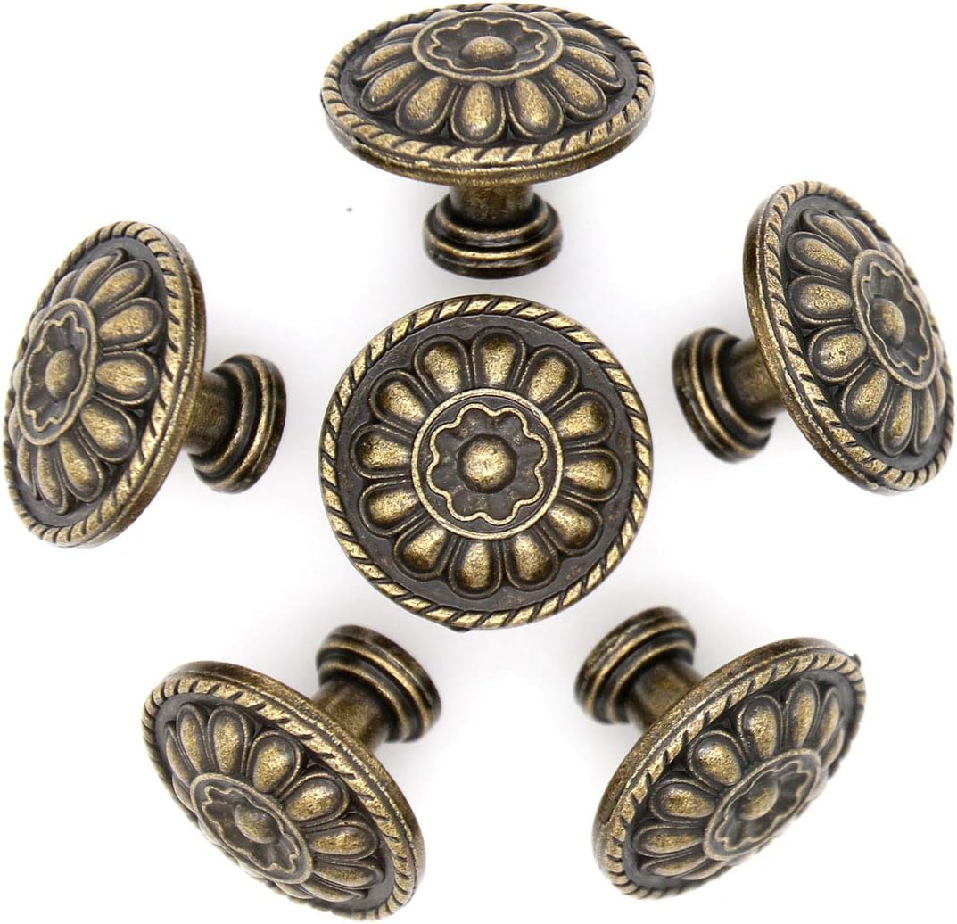 LXZ 6 PCs Vintage Antique Brass Knobs Handles - Cabinet Knob Pulls with Embossed Flower Pattern, Diameter 1-7/32" (31 mm) Height 55/64" (22 mm)