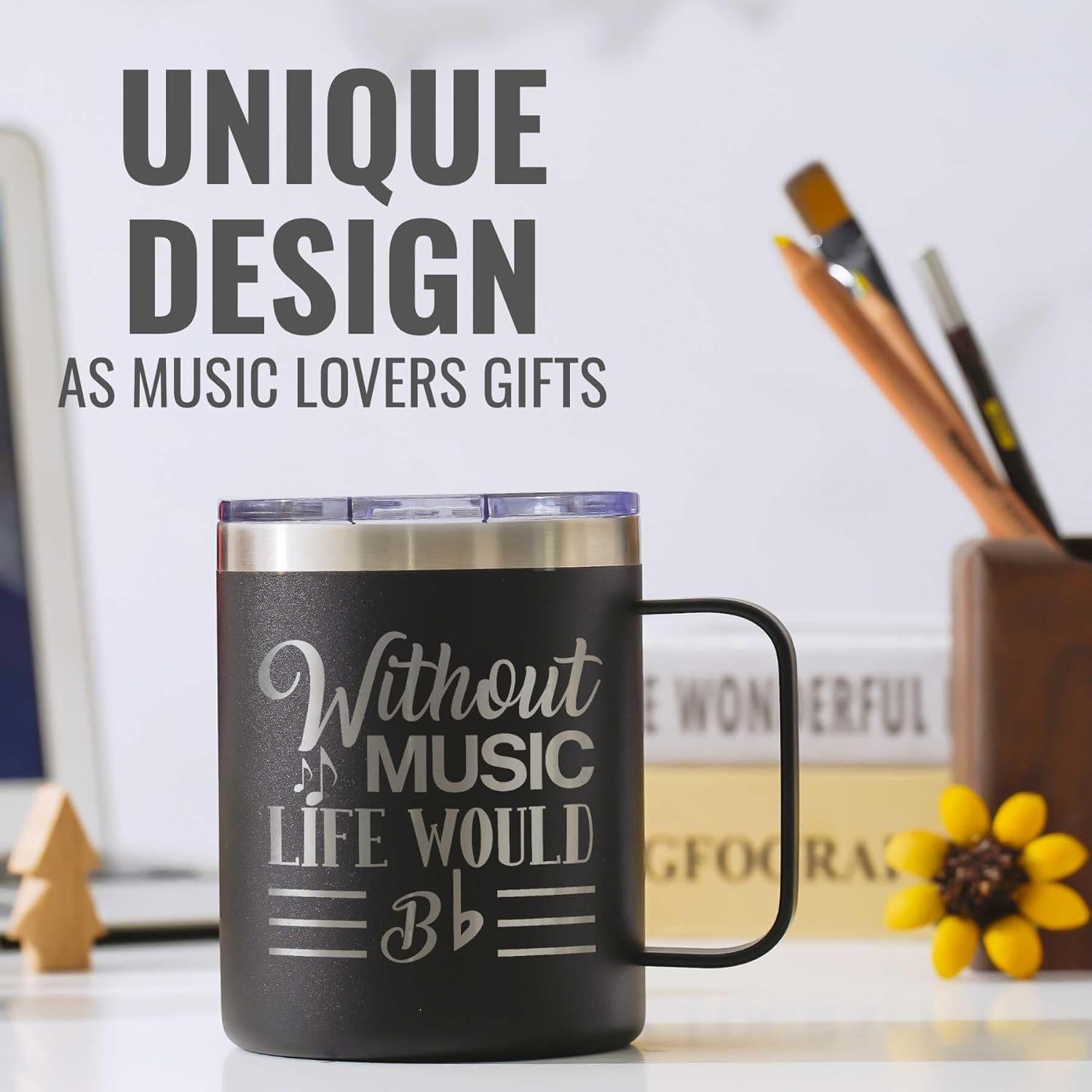 Onebttl Music Lover Gifts For Men, Male, Him - Without Music Life Would B Flat - 12 oz /350 ml Insulated Mugs with Lid - Musician Gifts, Musical Lovers Gift - (Black) - Image 3