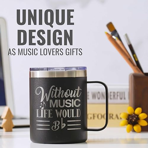 Miniatura 3 de Onebttl Regalos para Amantes de la Música para Hombres, Masculino, Para Él - Sin Música la Vida Sería Plana - 12 oz  350 ml Tazas Aisladas con Tapa