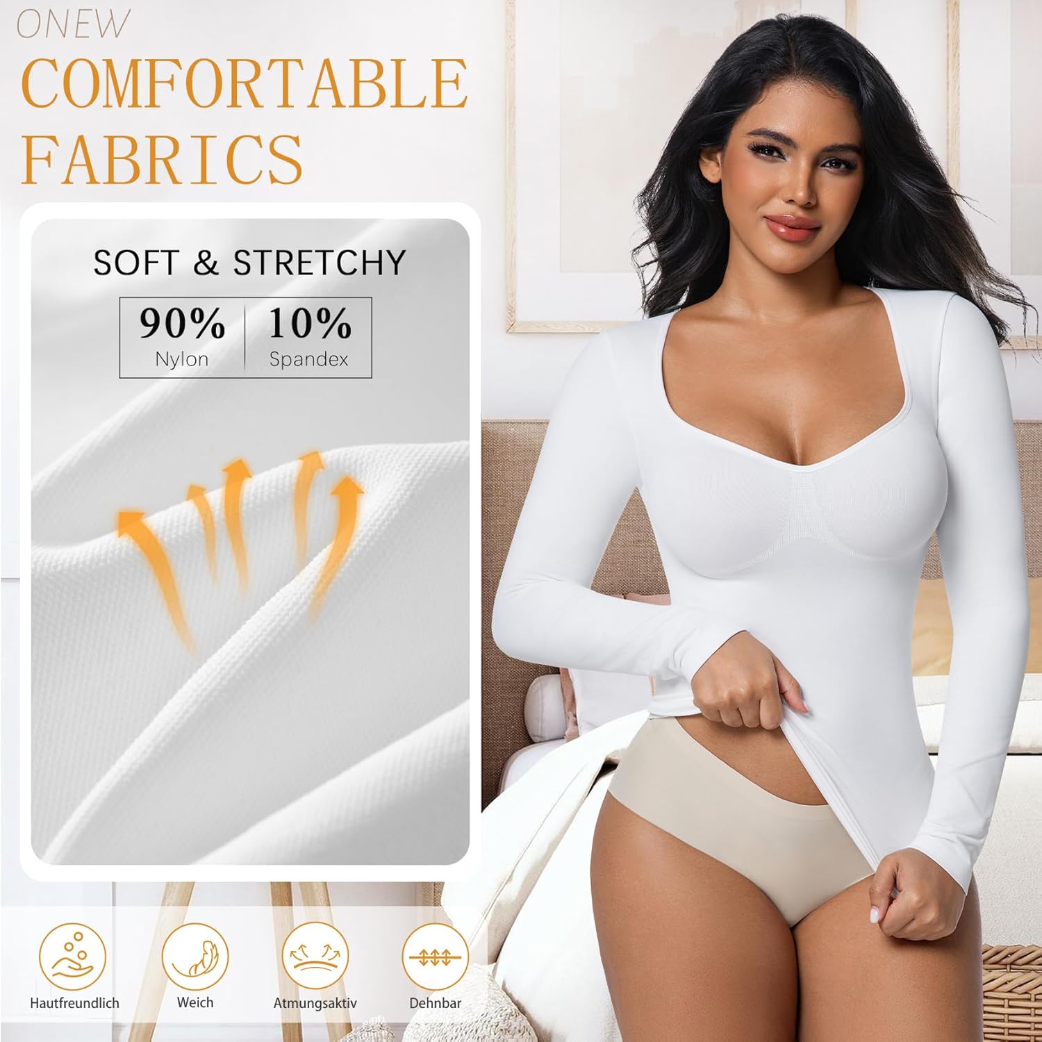 ONEW Shapewear Tummy Control Long Sleeve Shirts For Women Seamless V Neck Compression Shirt Slimming Body Shaper - Image 4