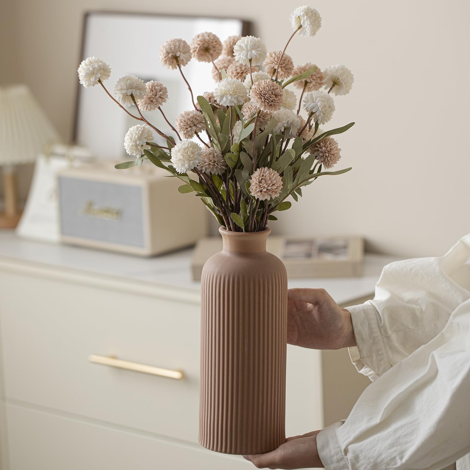 Große Moderne Keramik Vase Set, Kaffee Geriffelt Matt Design, 3 Stück Dekorative Vasen für Zuhause, Wohnzimmer, Büro (XL Kaffee Mix)