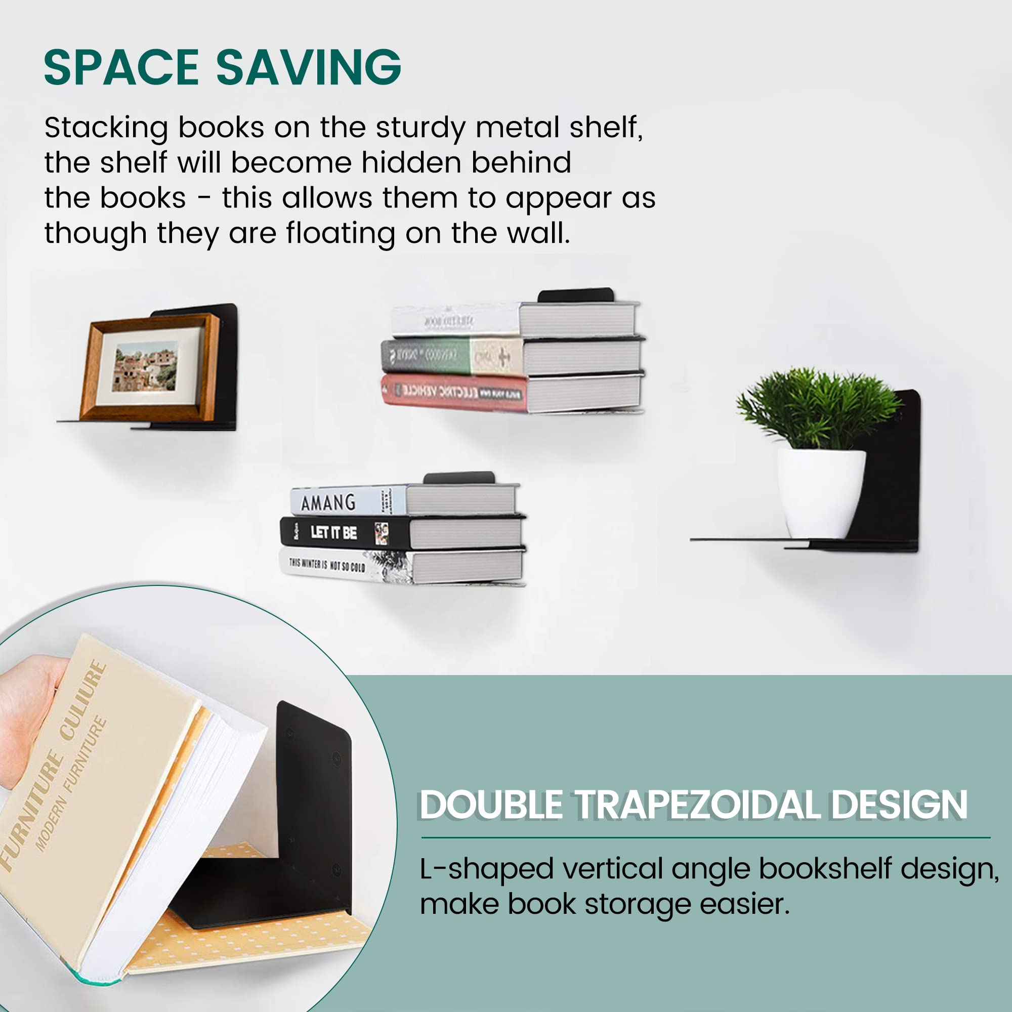 STORAGE MANIAC Invisible Floating Bookshelves Wall Mounted, Heavy-Duty Book Organizers, Iron Wall Mounted Shelves for Bedroom, Black 4-Pack Large