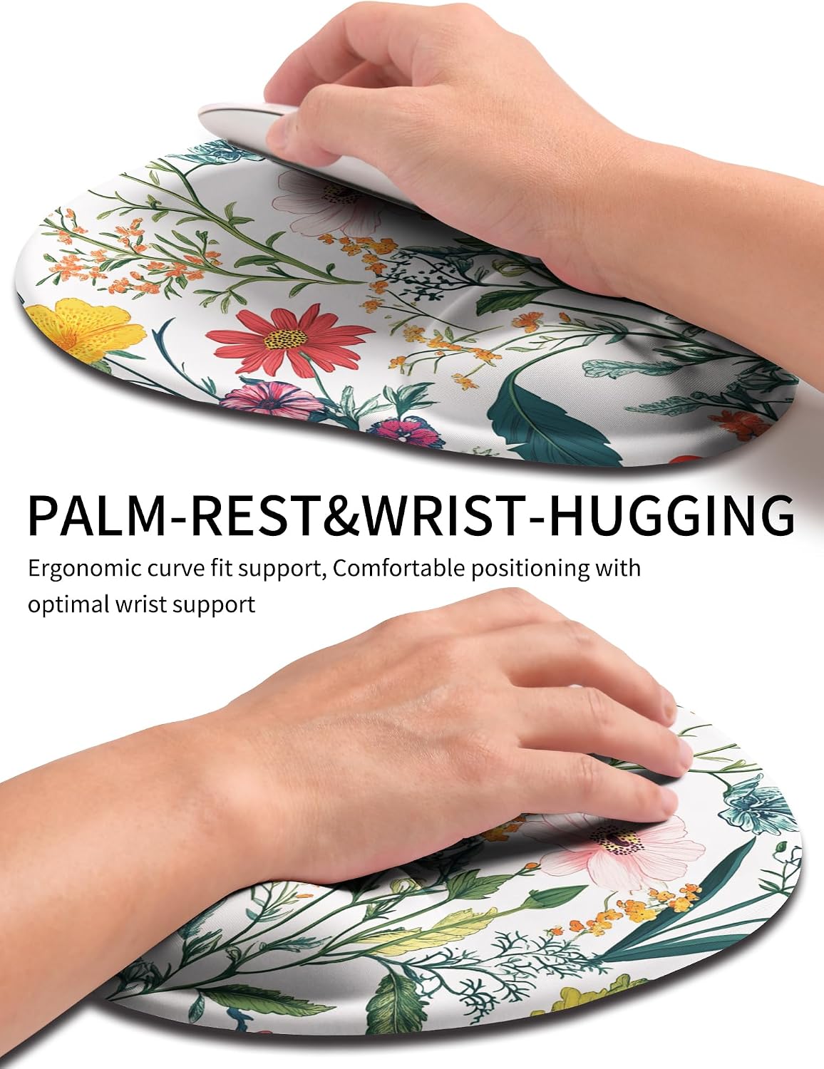 Palm-Rest and Wrist-Hugging Mouse Pad Wrist Rest, Ergonomic Wrist Support with Curve Fitting Cushioned Memory Foam for Carpal Tunnel Pain Relief, 9.9 x 8.3 Inch, Blossoms