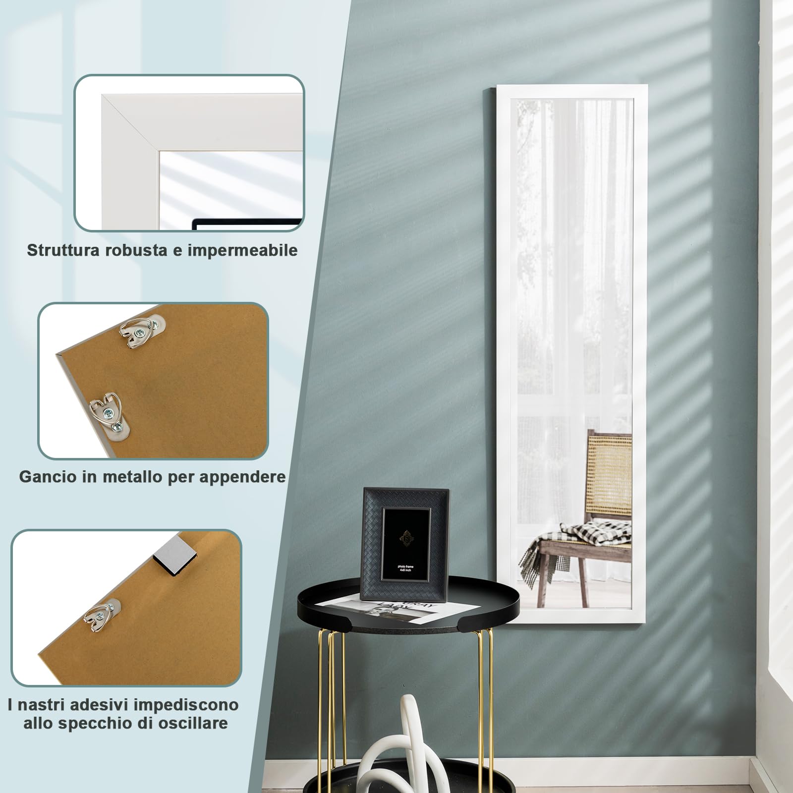 GYMAX Specchio da Parete a Figura, 119 x 33 cm, con Ganci Antiruggine e Adesivi, Specchio Verticale da Porta Antinfortunistico per Camera da Letto Soggiorno Spogliatoio (Bianco)
