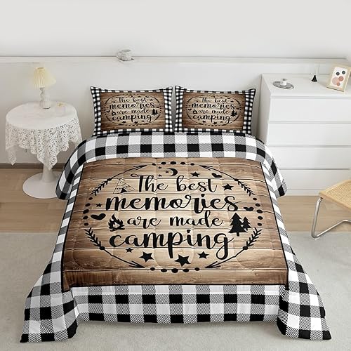 Miniatura 8 de Juego de edredón Happy Camping de tamaño individual, juego de ropa de cama de 2 piezas para niños, niñas y adultos, edredón de madera rústica