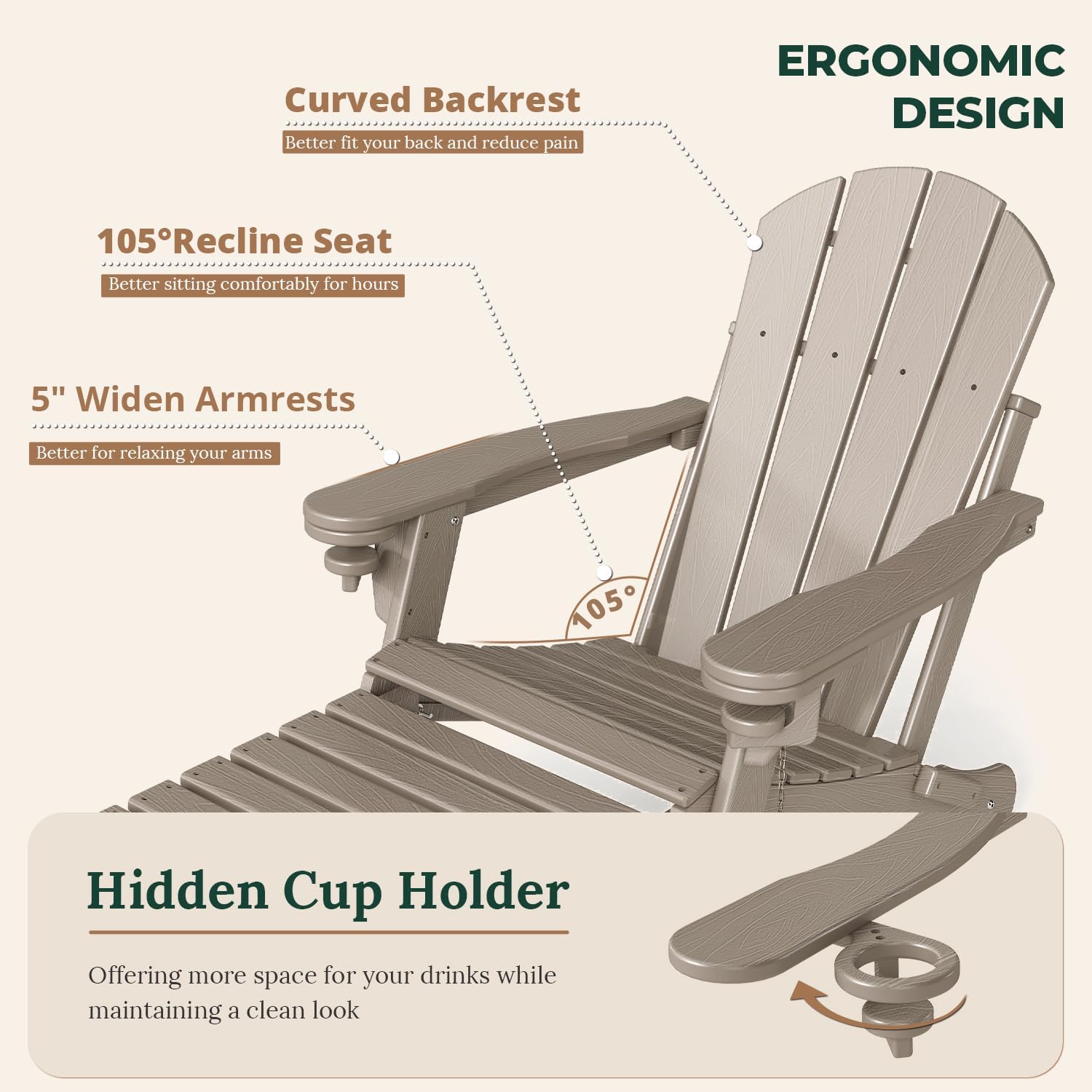 BRIOPAWS Adirondack-Chairs-with-Pull-Out-Footrest | Set of 2 | Folding | HDPE Plastic | Fire Pit Chair | All Weather | Cup Holders | Curved Back | Retractable Ottoman | for Poolside Deck | Light Brown
