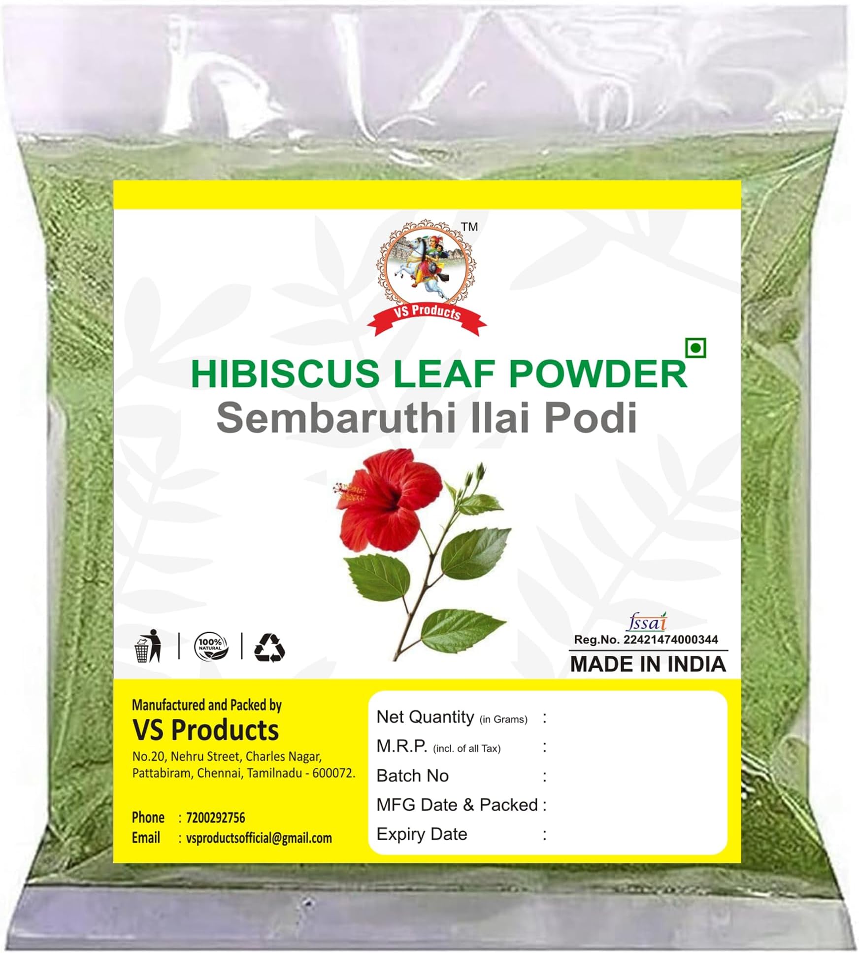 VS Products Hibiscus Leaf Powder | Sembaruthi Leaf Powder, 100g