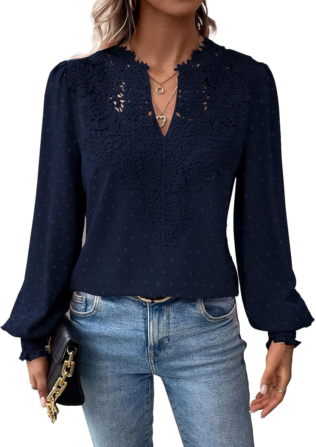 Womens Tops Swiss Dot Boho Long Sleeve Shirts V Neck Casual Chiffon Blouses Flowy Lace Hem Cute Clothing Trendy 2026