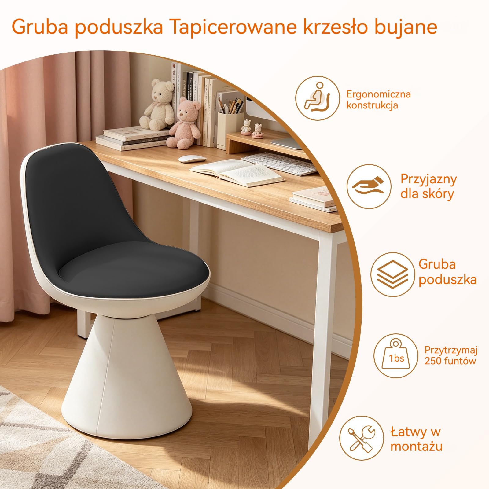 Obrotowy Fotel do Toaletki z PU, Stołek do Makijażu – Do Sypialni, Salonu