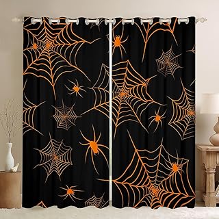 Manfei Happy Halloween Window Curtains Cute Spider Print Window Treatments, Orange Spider Web Window Drapes for Kids Boy Girl Room Decor Grommet Top 2 Panel Set Bedroom Curtains, 38Wx45L inch