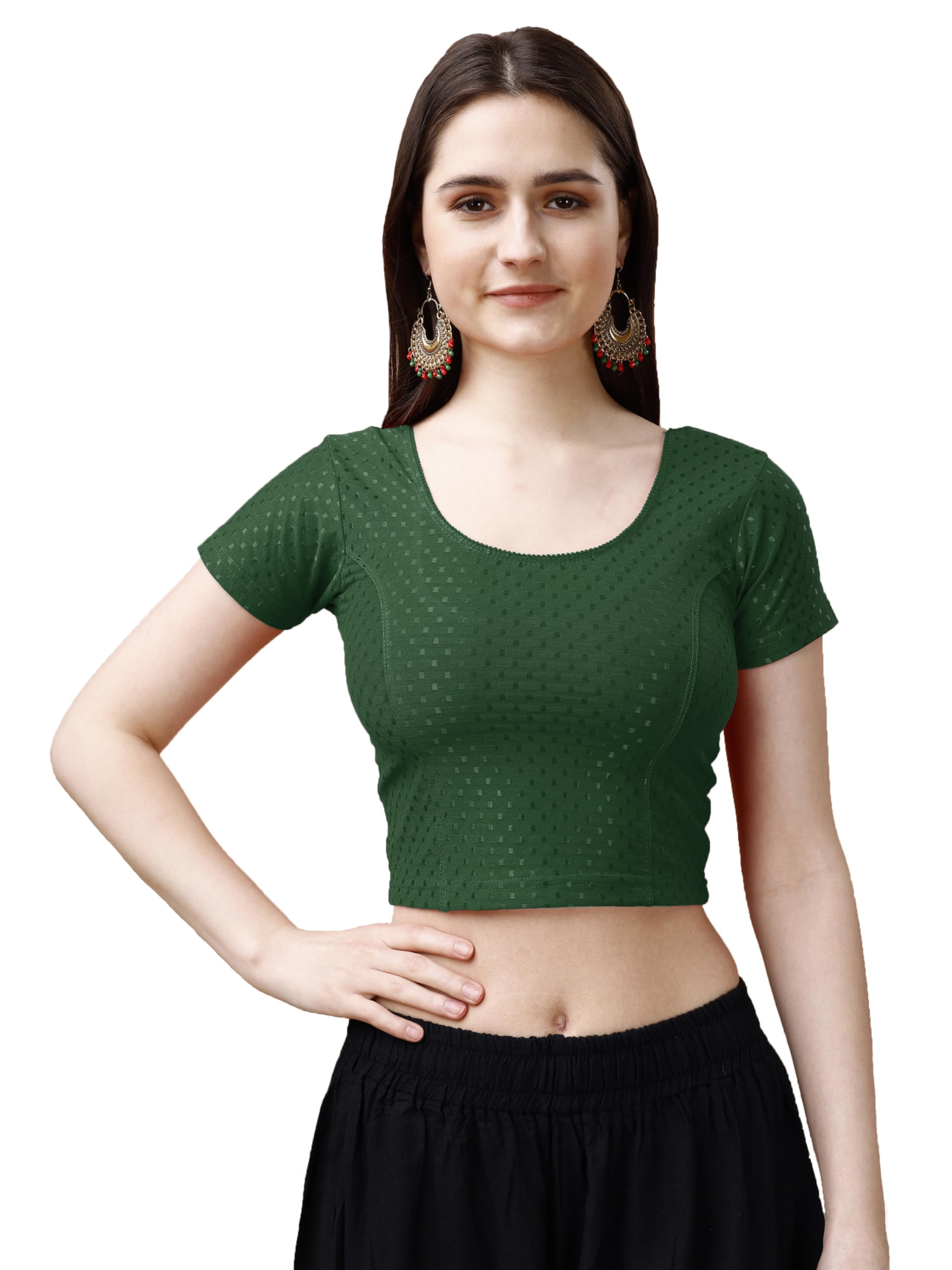 Pujia Mills Women's Readymade Dobby Cotton Lycra Stretchable Round Neck Short Sleeve Blouse Fancy Green Color Lycra Stretchable Blouse For Women Stylish Readymade Saree Blouse