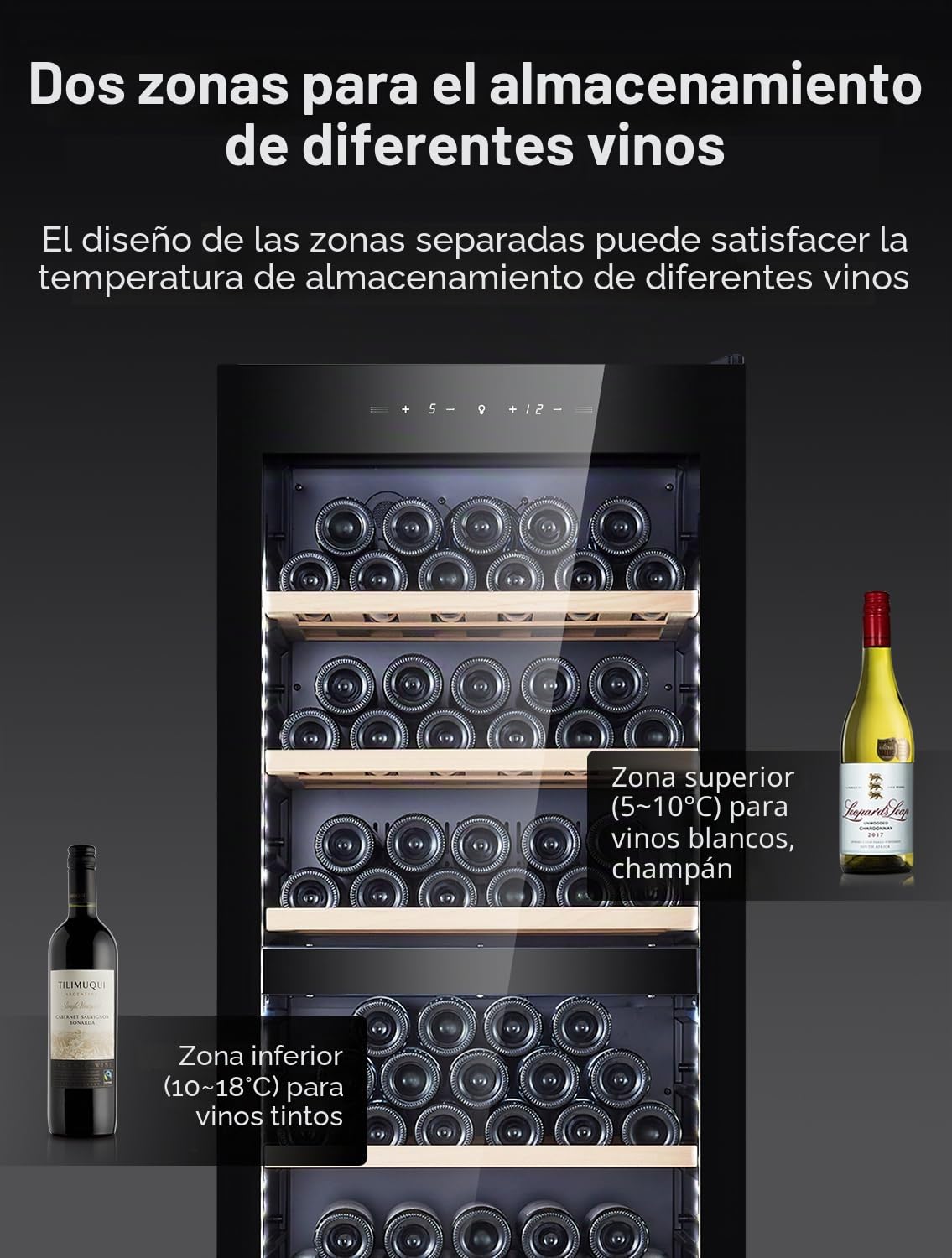 Kalamera KRC-266BFG - Nevera para vino (84 botellas, 266 L, tira de iluminación interior LED, Vinoteca 2 zonas de refrigeración 5-10 °C/10-18 °C, KRC-266BFG