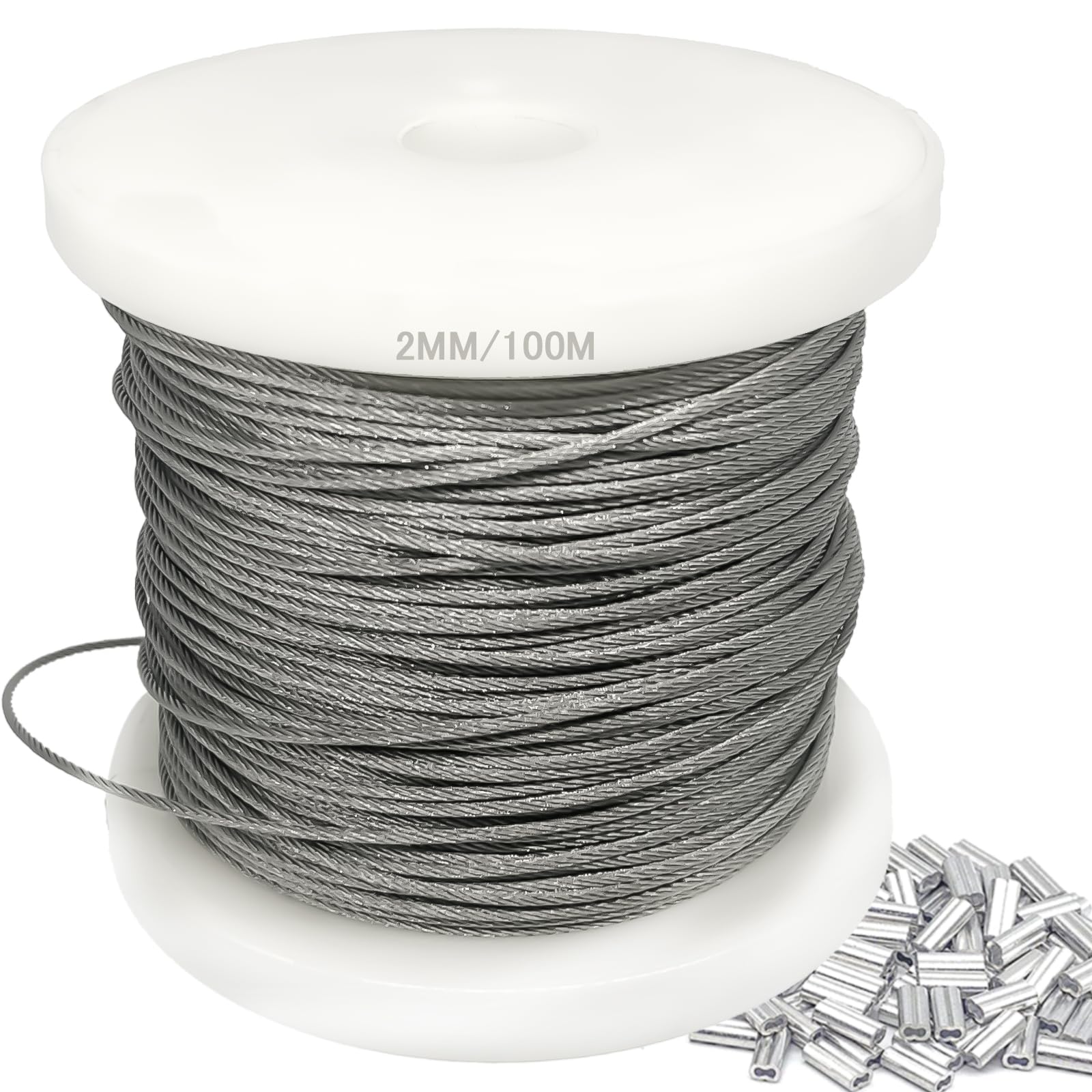 Cable de Acero Inoxidable 304, Cuerda de Alambre Estructura 7×7, 100 m, Incluye 100 Manguitos de Aluminio, Adecuado para Suspender Guirnaldas de Luces Exteriores y Uso en Jardines.