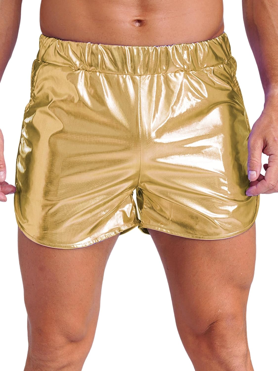 Freebily Men's Metallic Shorts Shiny Holographic Disco Dance Outfits Rave Hot Shorts with Pockets