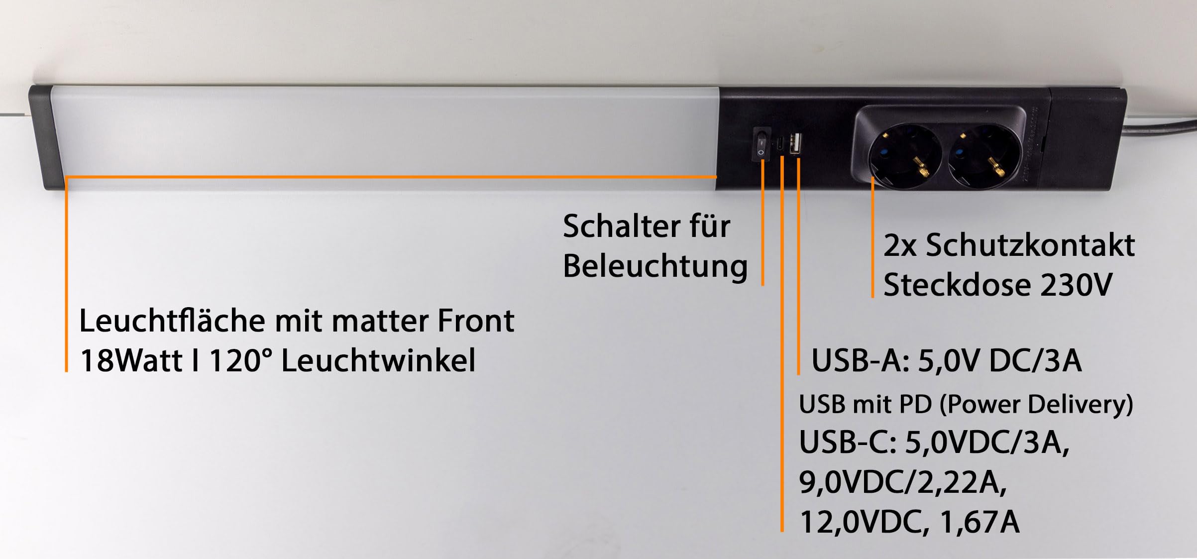 Lampada da sottopensile a LED "Arusha", lunghezza 60 cm, alluminio e plastica, corpo nero, con USB A+C, luce bianca neutra, interruttore della luce separato