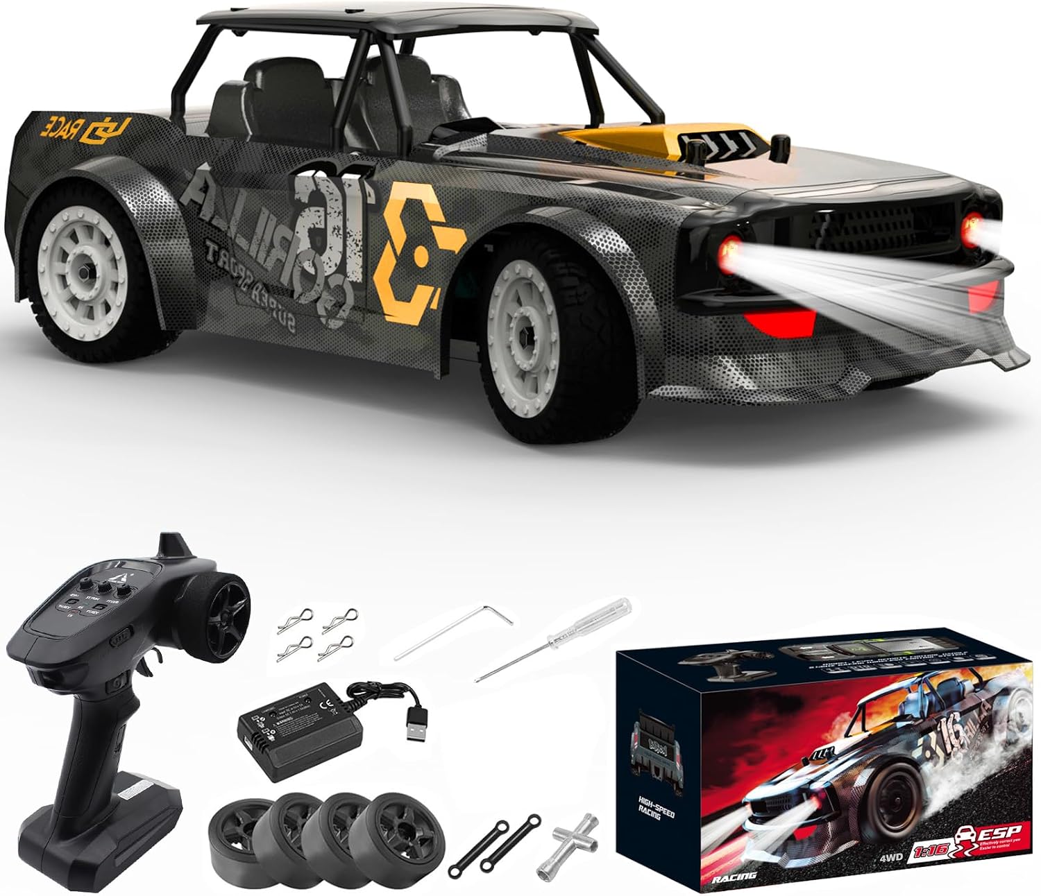fisca 1/16 Remote Control High Speed Car 4WD RC Drift Racing Cars Fast 20MPH Truck 2.4GHz Off-Road 4X4 Buggy Car Speed & Steering Control Vehicle Toy SG-1604