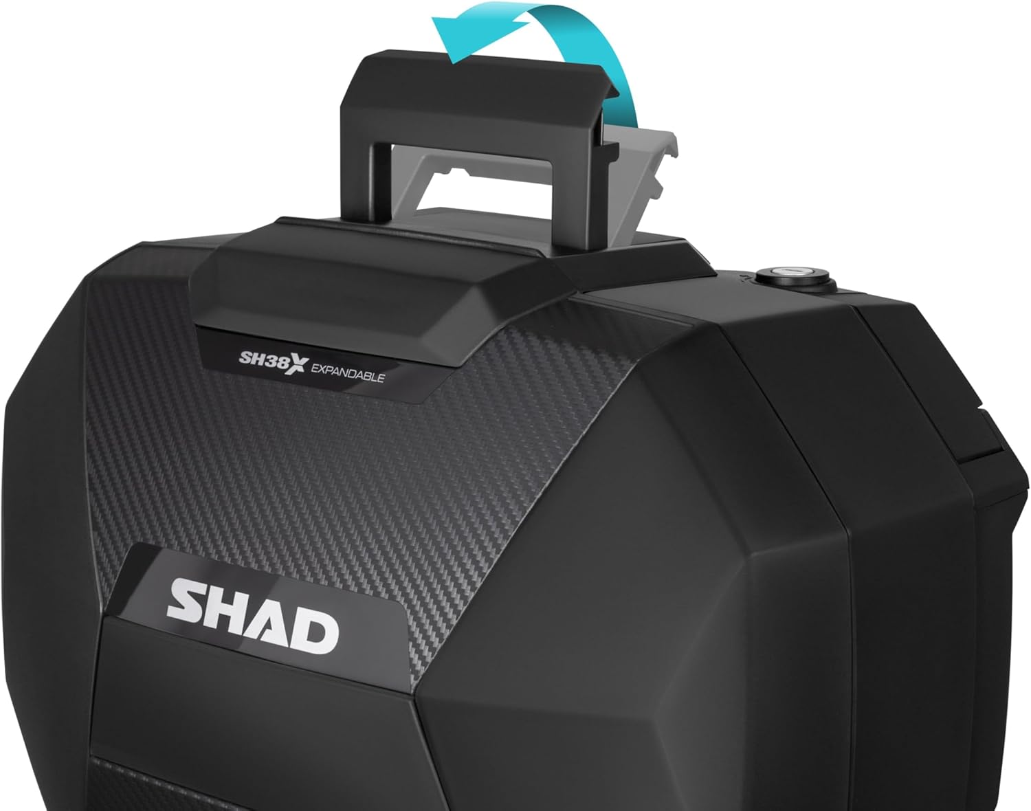 SHAD SH38X side case with its integrated retractable handle extended
