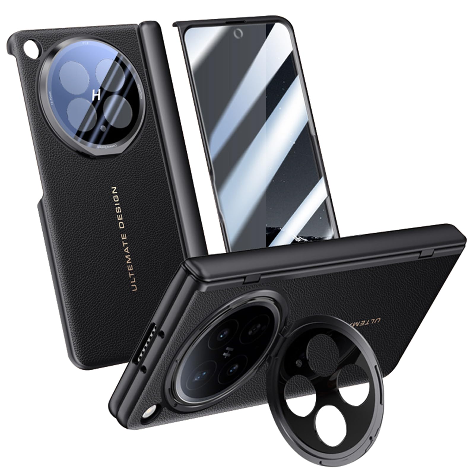 LUOTANL Luxury Case for Oppo Find N6, Camera Kickstand Screen Protector Hinge Case Leather Litchi Texture Plating Cover,Black,N6