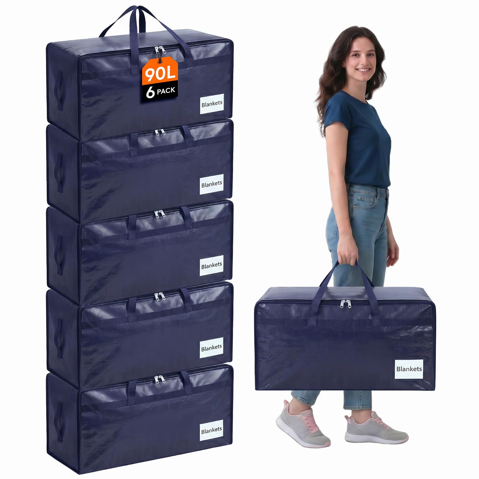 Lifewit 90L Large Moving Bags with Sturdy Handles and Zips, Heavy Duty Moving Totes Packing Bags for Moving House, Clothes Bedding Blanket Comforter Toys Storage Bags, 6 Pack, Dark Blue