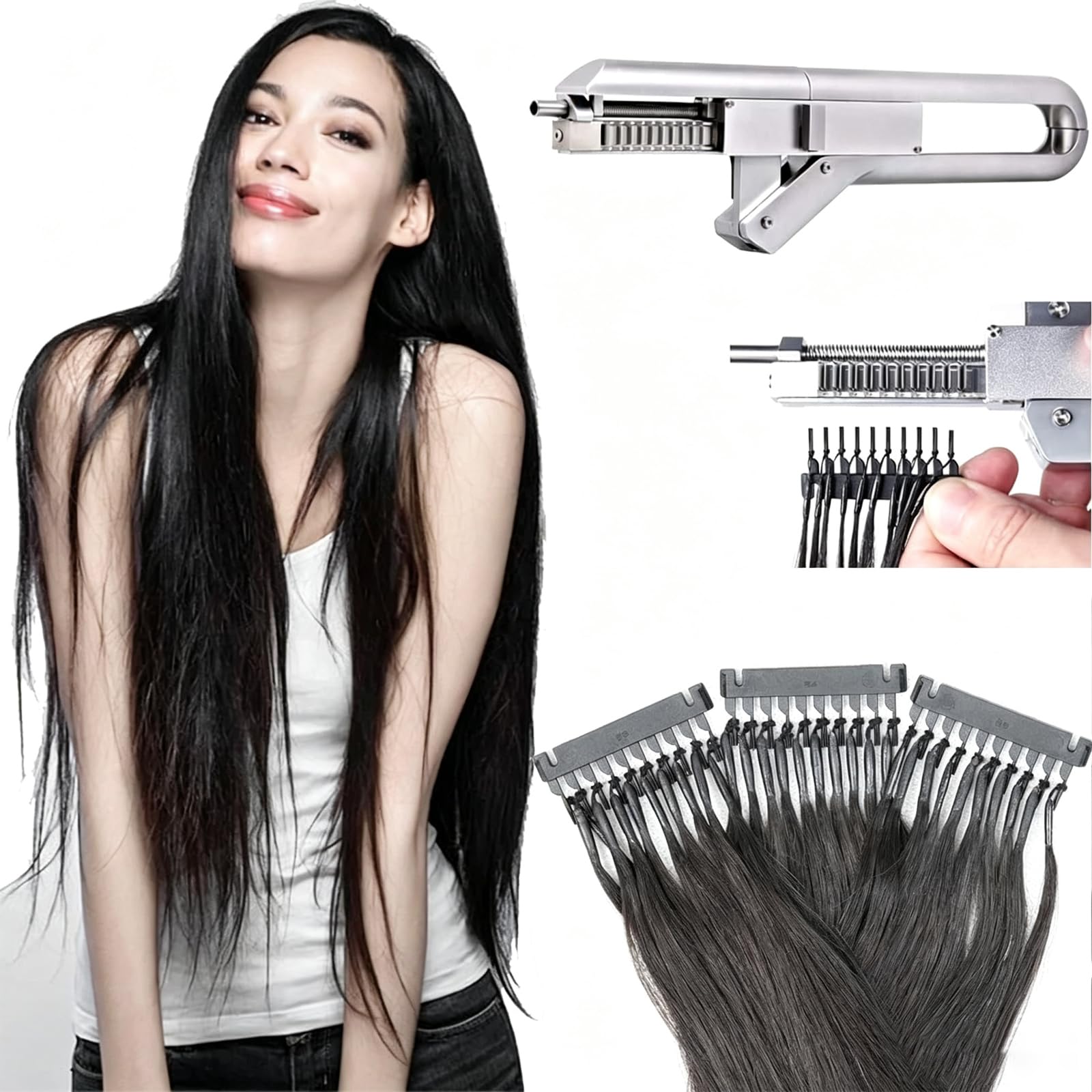 Kit Per Applicazione Extension Capelli Con Pistola, Strumento Per Extension Senza Colla Da 10 Ciocche Con Pinze Per La Rimozione, Riutilizzabili Senza Colla, Extension Di Capelli Umani Per Salone