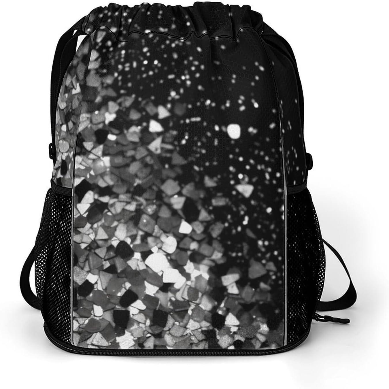 Sports Drawstring Backpack Black White Glitter Lightweight Backpack Dry And Wet Separation Large Capacity