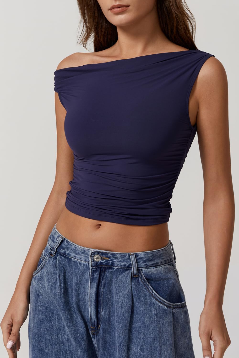 QINSEN Women's One Shoulder Tee Tops Slimming Fit Daily Tank Double Lined Going Out Shirt Navy M - Image 3