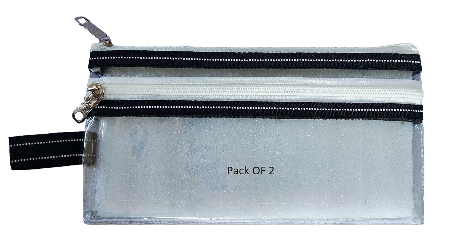 Transparent PVC Pencil Pouch Dual Pocket Clear Zippered Documents Holder Waterproof Travel Pouch for Paper Document Bag PassBook, Cheque Book Pouch(Pack of 2)