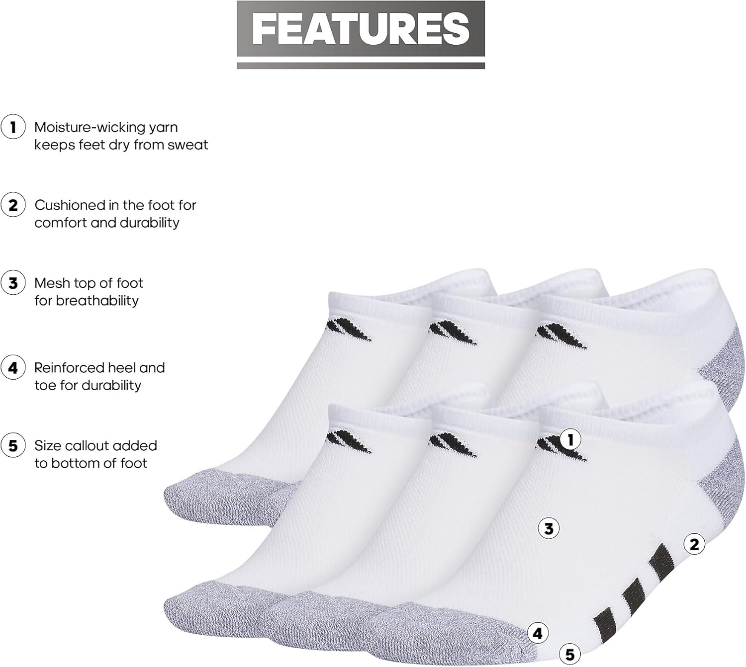 adidas Athletic Cushioned 6-Pack No Show (Little Kid/Big Kid/Adult) White/Grey/Black MD (13-4 Little Kid/Big Kid) - Image 4