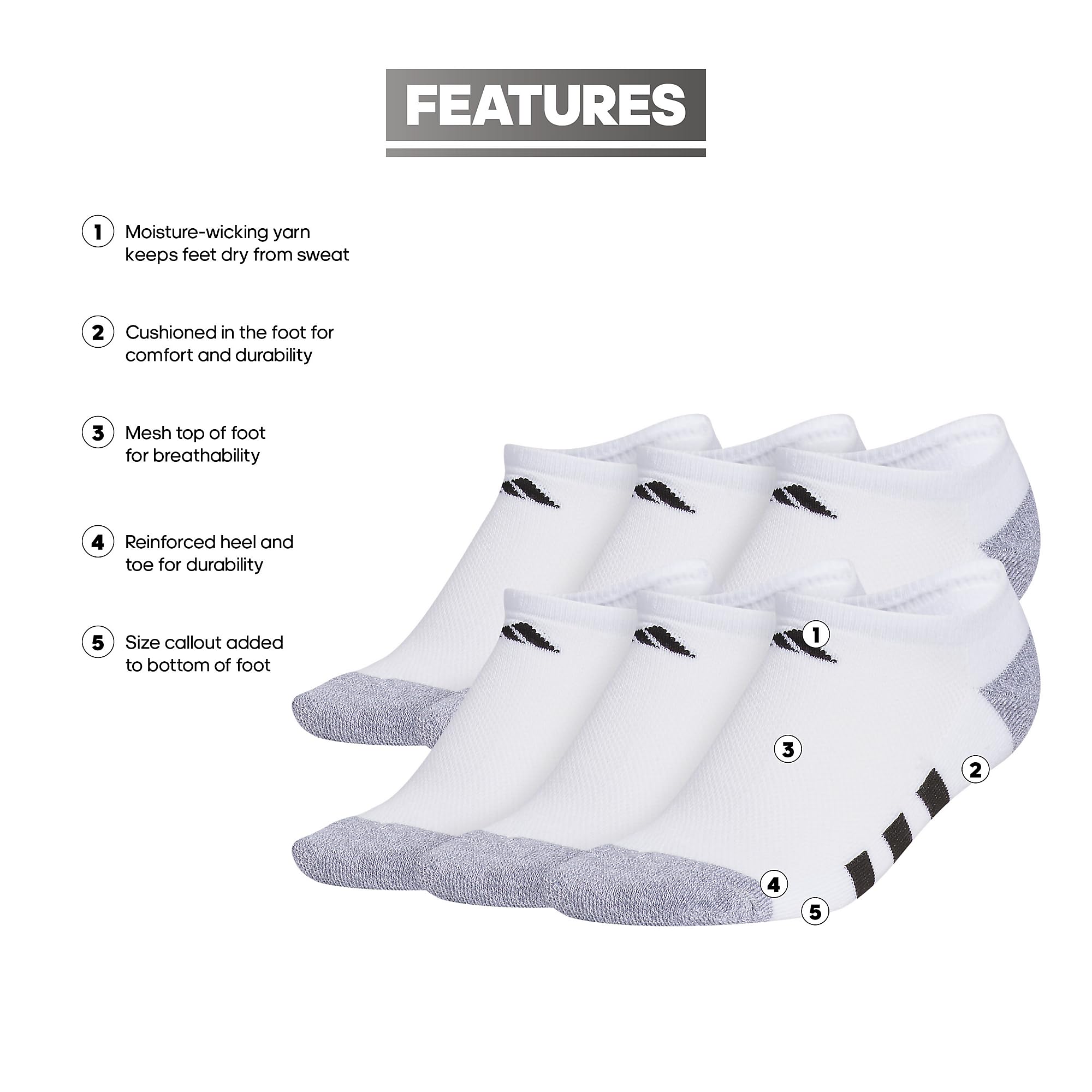 Adidas Lot de 6 chaussettes invisibles unisexes pour adulte, blanc/gris/noir, taille M, Blanc/gris/noir, Medium