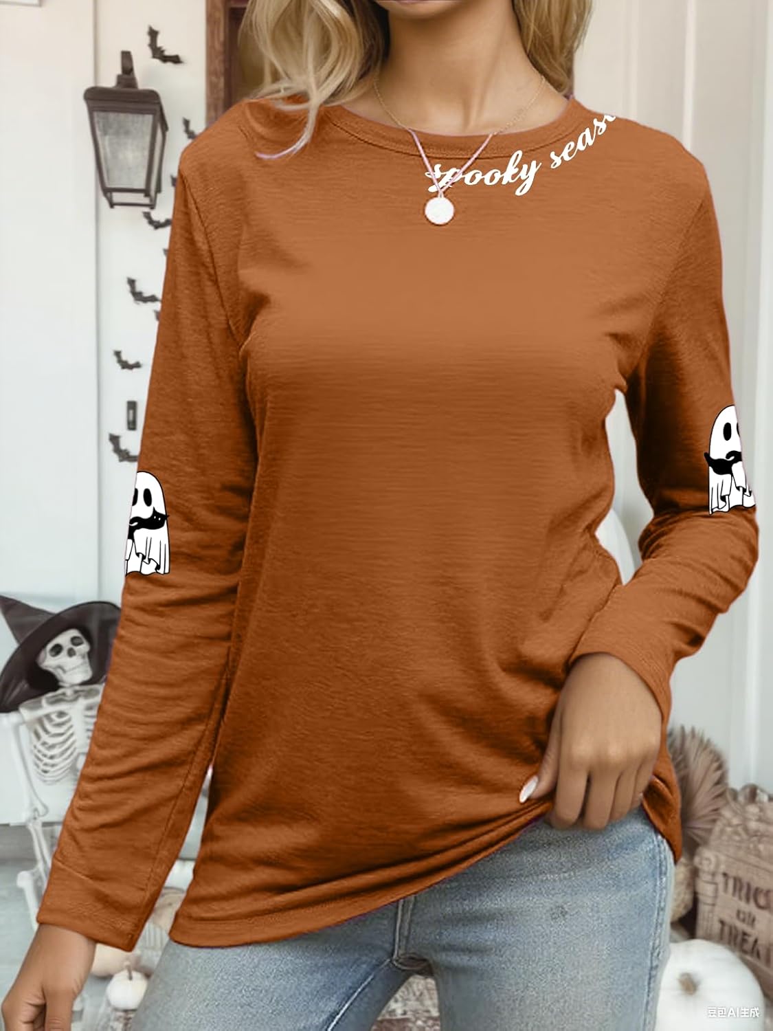 Halloween Shirts for Women Spooky Season Long Sleeve Halloween Sweater Fall Graphic Pumpkin Ghost Cat Pullover Tops - Image 3