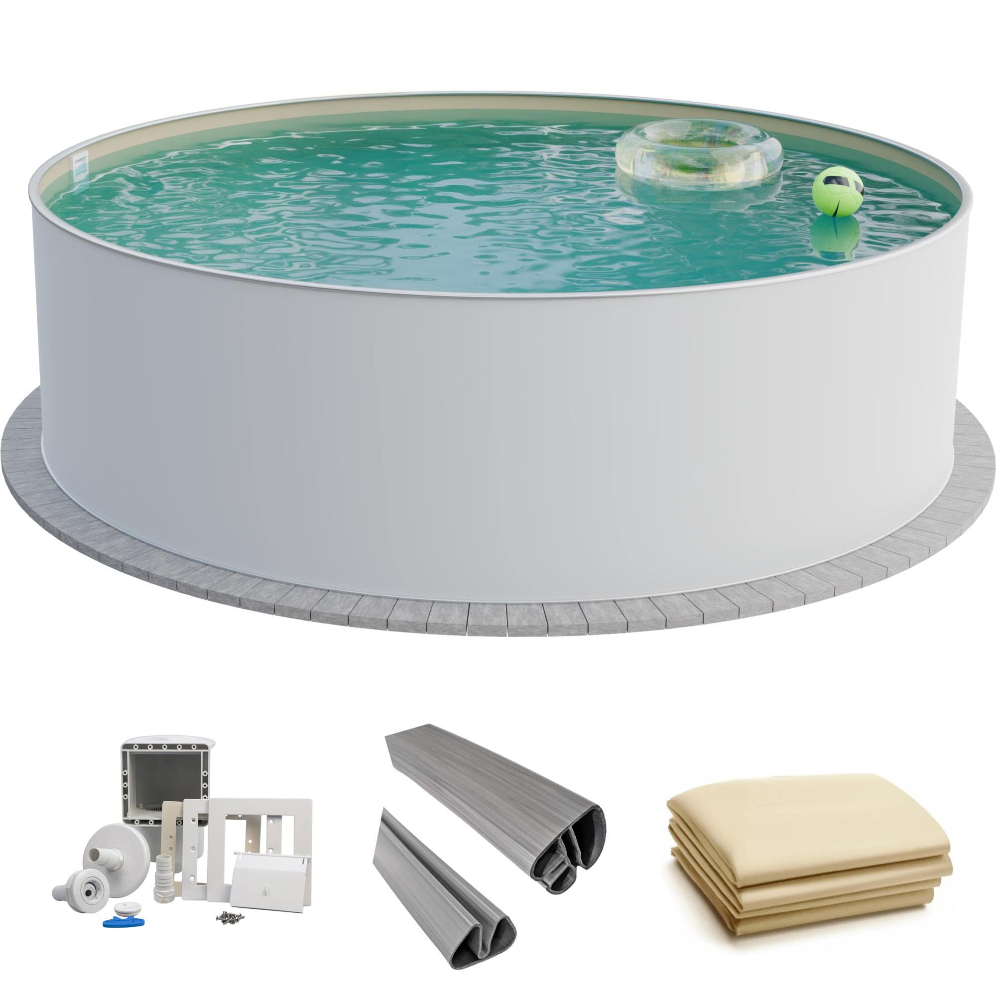 Fresh-Pool Profi Stahlwandpool Set rund, 500x150 cm, Stahl 0,8 mm weiß, Folie 0,8 mm Sand, Einhängebiese