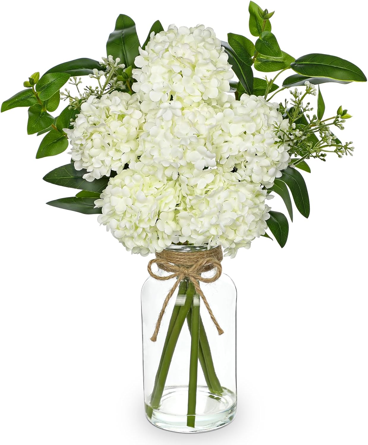 Hollyone White Hydrangea Artificial Flowers in Clear Glass Vase with Faux Water Silk Hydrangeas Fake Flowers Floral Arrangement for Home Bathroom Kitchen Office Table Centerpiece Shelf Decorations