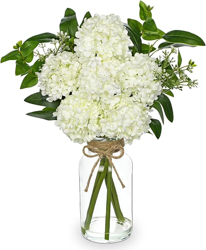 Hollyone White Hydrangea Artificial Flowers in Clear Glass Vase with Faux Water Silk Hydrangeas Fake Flowers Floral Arrangement for Home Bathroom Kitchen Office Table Centerpiece Shelf Decorations