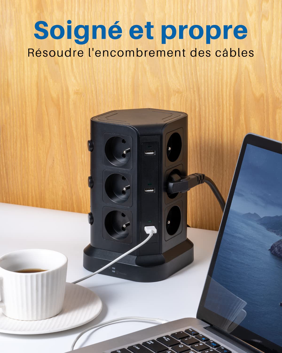 KOOSLA Frankreich Steckdosenleiste, 12 Fach, 6 USB, 2M, Schwarz | 12 Typ E Steckdosen, 6 USB, 4000W/16A, Überspannungsschutz, Büro, Zuhause, Frankreich