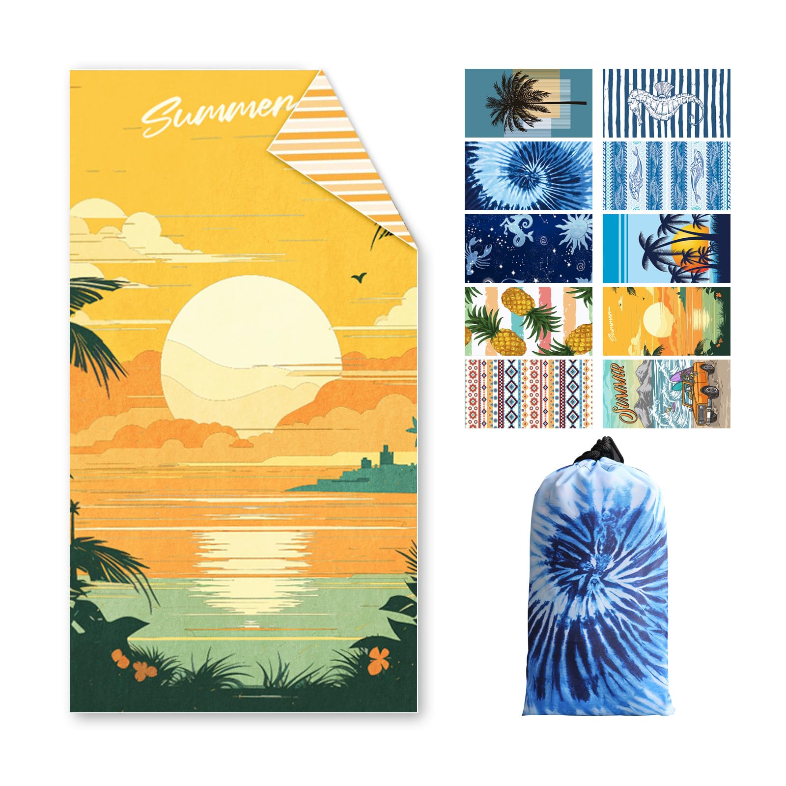 Asbtos Strandtuch Groß, 180 x 100 cm Doppelseitig Strandhandtuch, Schnell Trocknendes, Weiches, Leichtes, Pflegeleicht, Sandfreies Microfaser Handtücher für Reise Urlaub Schwimmen Camping, mit Tasche