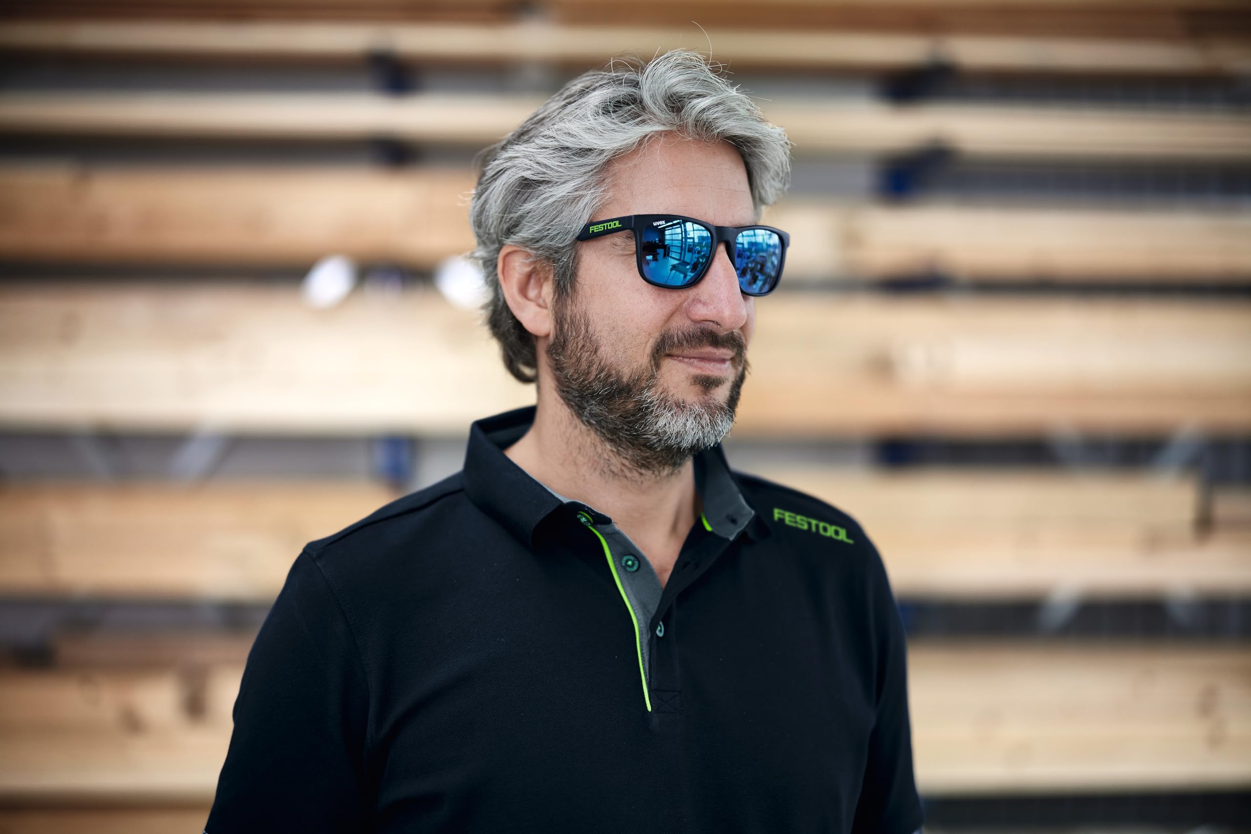 Festool Gafas de Sol UVEX SUN-FT1 - Proteccion UV400, Diseno Clasico | Montura mate negra con acentos verde lima, lentes azul-gris, incluye estuche - modelo lifestyle SUN-FT1