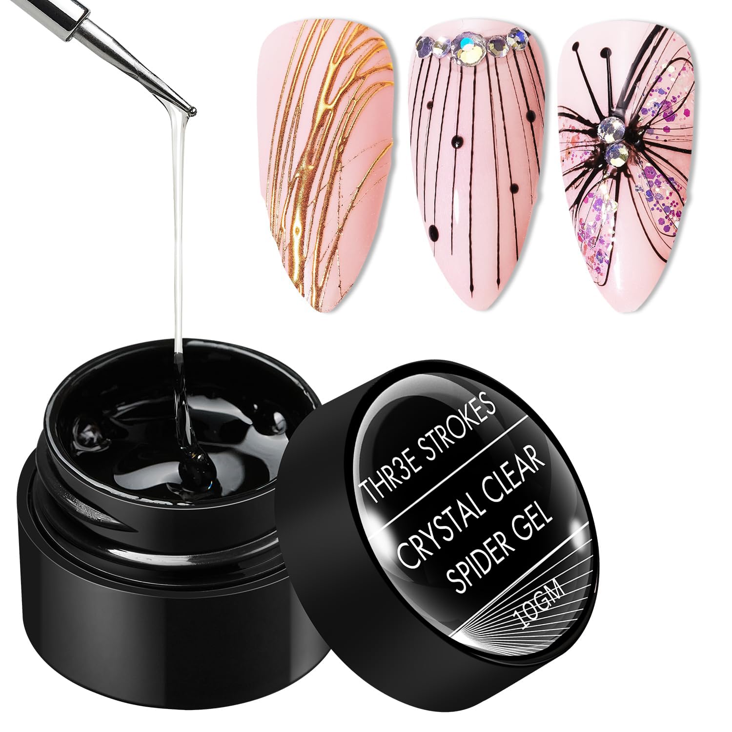 THR3E STROKES 3D Clear Spider Gel for Nail Art Elastic Gel Nail Paint Drawing 3D Spider Gel Nail Art Polish Apply with Chrome Powder for Line, Soak Off UV LED Gel Polish Manicure DIY Nail Designs Home Salon (UV REQUIRE) (CLEAR)