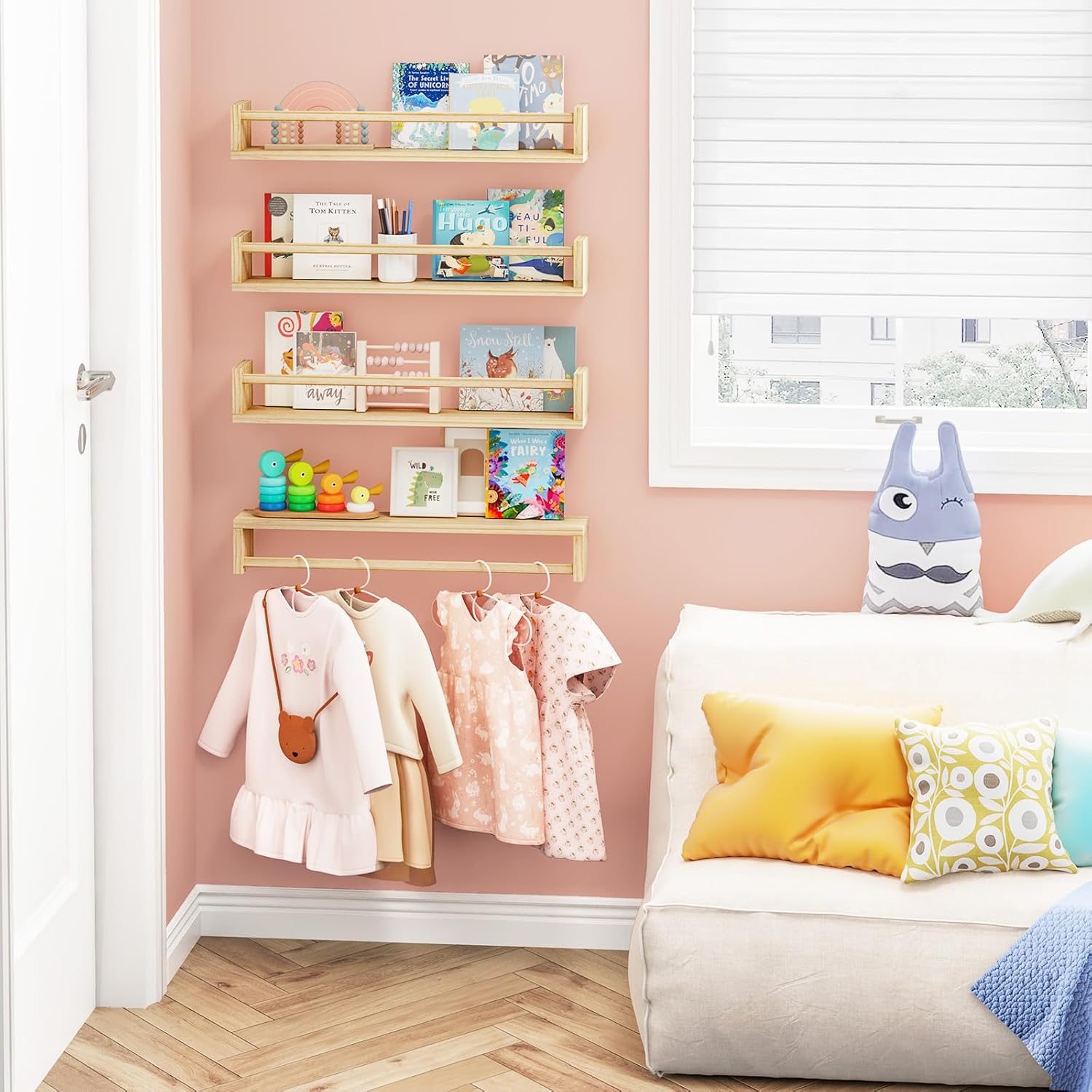 Fixwal Nursery Book Shelves, 23.6 Inch Floating Bookshelves for Wall Set of 4, Baby Nursery & Playroom Decor, Solid Wood Wall Mounted Shelves for Books and Toys Storage (Natural Wood)