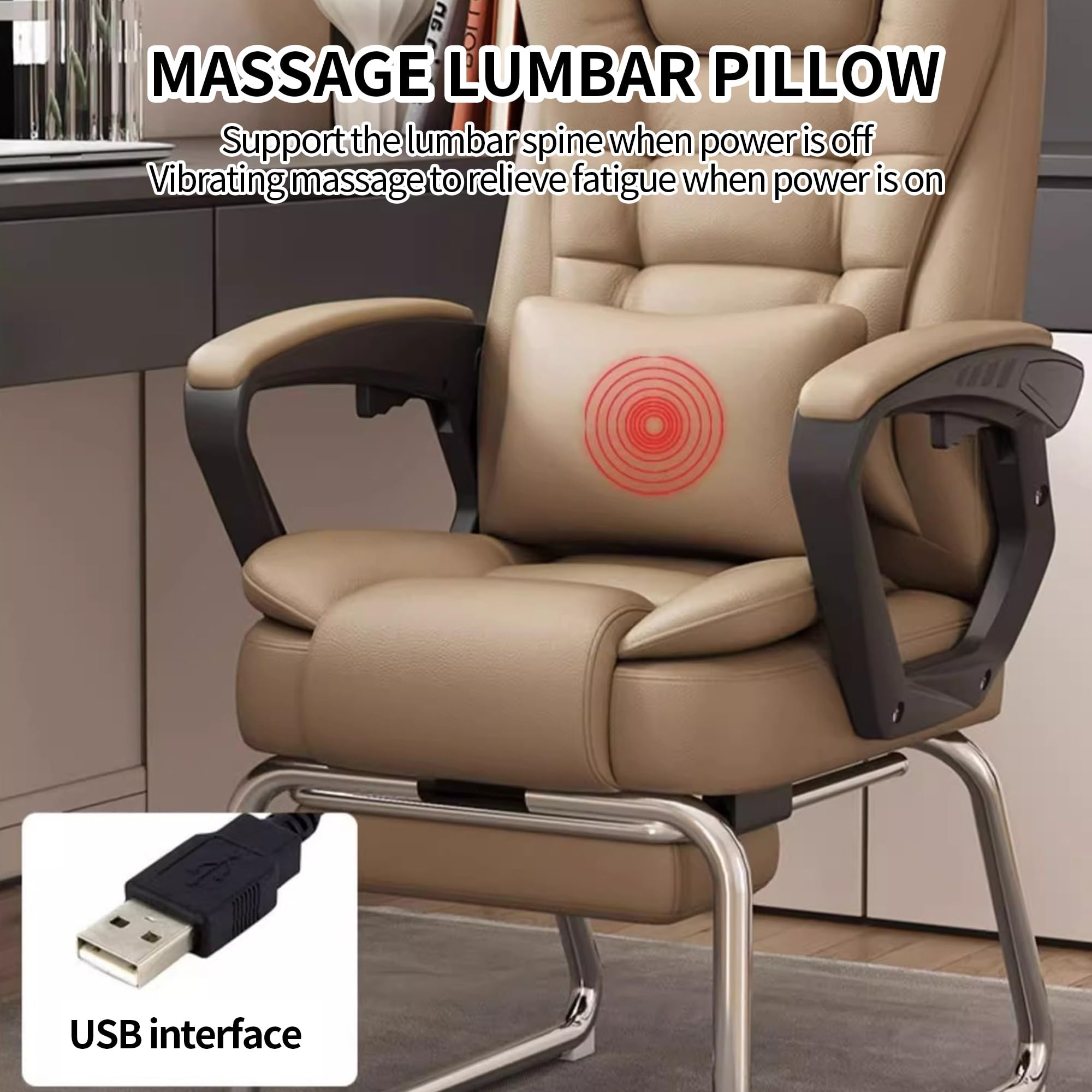 Krzesło biurowe, regulowane oparcie, podparcie lędźwiowe, ergonomiczne komputerowe skóra PU, interfejs USB do łagodzenia stresu, do nauki, pracy, kadry kierowniczej, salonu, hotelu