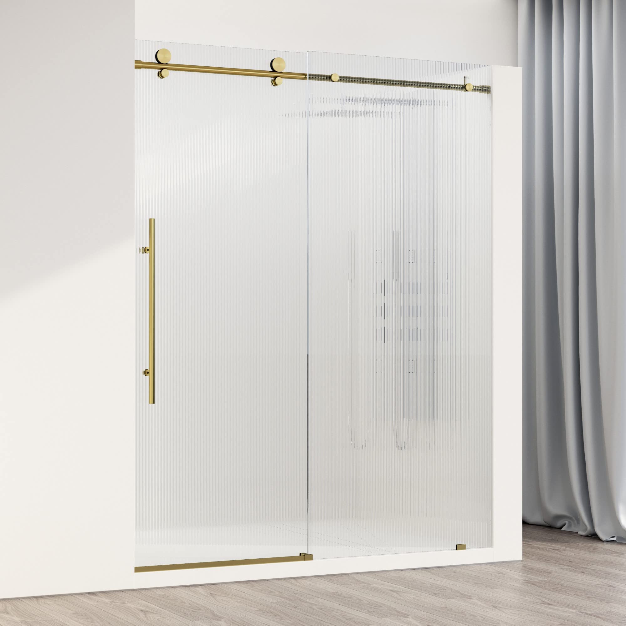 VIGO Elan E-Class 56 to 60 in. W x 76 in. H Sliding Frameless Shower Door in Matte Brushed Gold with 3/8 Fluted Glass-VG6021MGFL6076L