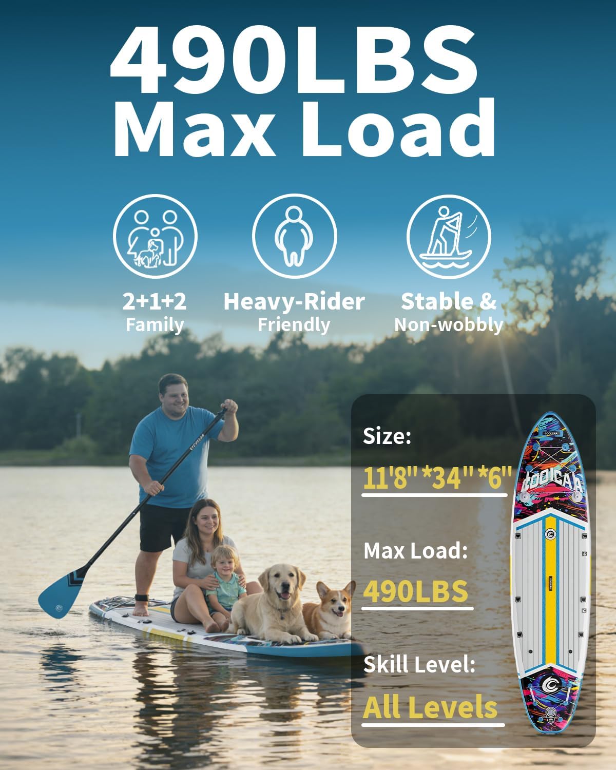 COOLCAA Dolphin Inflatable Paddle Board, Extra Wide & Stable SUP for Family and Beginners, Versatile for Water Activities, with Complete Accessories & Backpack