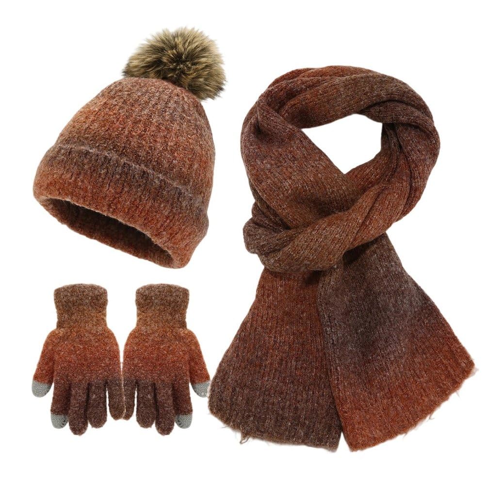 Donna Inverno Caldo Gradiente Pompon Beanie Cappello Touchscreen Guanti Lunga Maglia Sciarpa 3 in 1 Set,Marrone