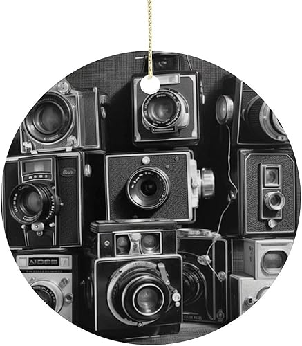 Retro Cool Camera Collection Christmas Ornament Funny Round Hanging Ornament Pendant Personalized Xmas Round Ceramic Pendant Christmas Ceramic